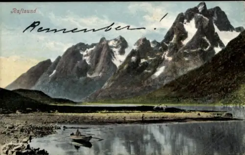Ak Raftsund Norwegen, Berglandschaft, See, Boot, Text: Remember!
