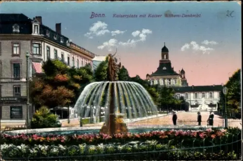 Ak Bonn am Rhein,  Kaiserplatz, Kaiser Wilhelm-Denkmal, Brunnen, Blumenbeet
