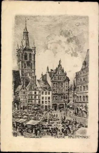 Ak Trier an der Mosel, Marktplatz, Gebäude, Turm, Marktstände, Trier