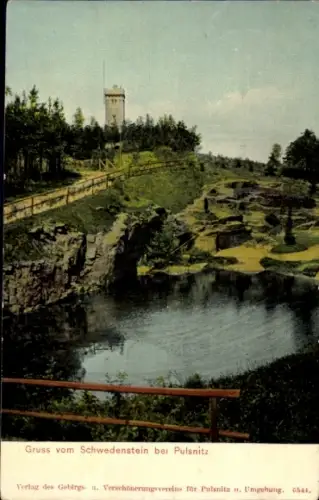 Ak Schwedenstein bei Pulsnitz, Schwedenstein, Turm, Wasser, Natur, Landschaft