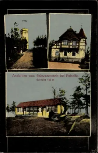 Ak Schwedenstein bei Pulsnitz, Drei Ansichten vom Schwedenstein, Turm, Gebäude, Waldlandschaft