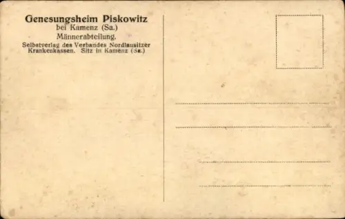 Ak Kamenz in Sachsen, Genesungsheim Piskowitz, Männerabteilung, bei  Garten mit Teich