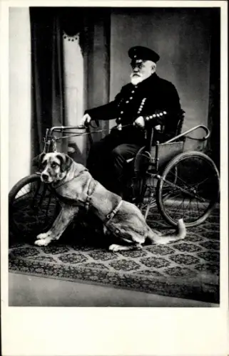 Ak Kriegsveteran im Rollstuhl, Behindertenhund