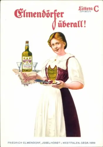 Künstler Ak Elmendörfer überall, Kornschnaps, Magd in Korsett, Littera C