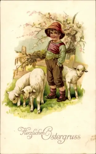 Litho Glückwunsch Ostern, Junge, Lämmer