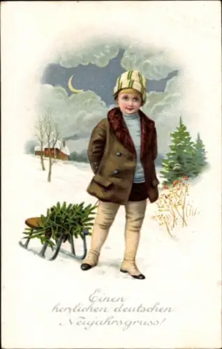 Ak Glückwunsch Neujahr, Junge mit Tannenbaum auf einem Schlitten