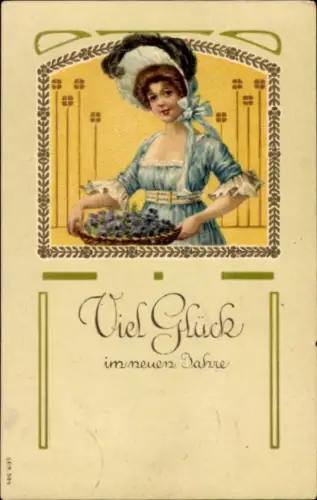 Präge Ak Glückwunsch Neujahr, junge Frau, Blumen