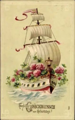 Präge Ak Glückwunsch Geburtstag, Klee, Segelschiff