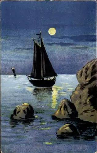 Ak Segelboot bei Nacht, Mondlicht