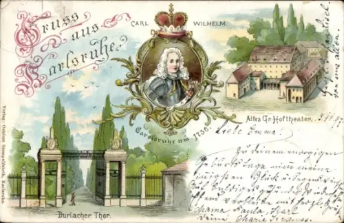 Litho Durlach Karlsruhe in Baden, Durlacher Tor, Carl Wilhelm, Hoftheater