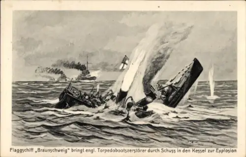 Künstler Ak Flaggschiff Braunschweig, englischer Torpedobootzerstörer