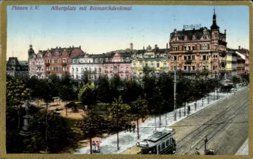 Ak Plauen im Vogtland, Albertplatz mit Bismarckdenkmal, Straßenbahn