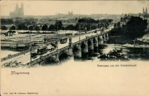 Ak Magdeburg an der Elbe,  Panorama von der Friedrichstadt, Straßenbahn auf einer Brücke
