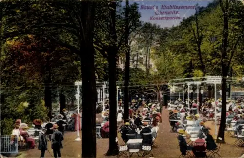 Ak Chemnitz in Sachsen, Konzerthaus, Bäume, Menschen, Tische, Hüte, Garten
