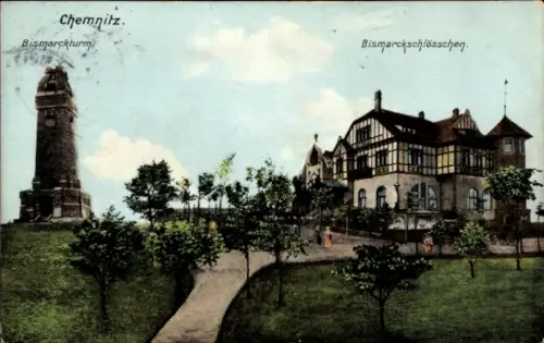 Ak Chemnitz in Sachsen, Bismarckturm, Bismarckschlösschen, Parklandschaft, Personen