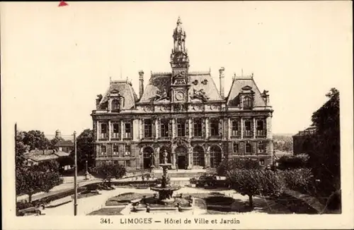 Ak Limoges Haute Vienne, Hôtel de Ville, Garten, Stadtplatz, Brunnen, Architektur