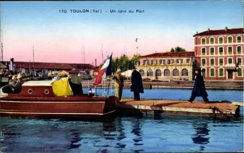 Ak Toulon Var, Hafenansicht, Fischerboot, Menschen am Hafen, französische Flagge