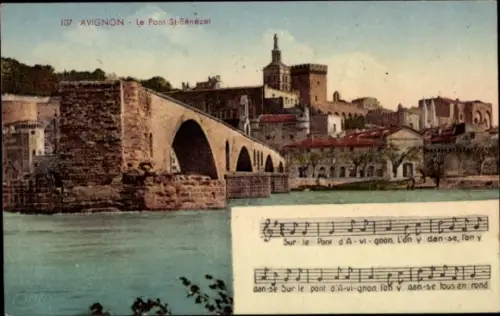 Ak Avignon Vaucluse, Le Pont St-Bénézet, Sicht auf die Stadt, Notenblatt