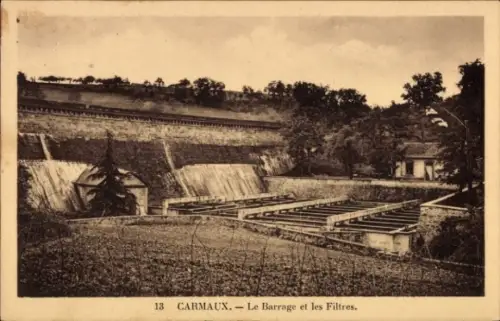Ak Carmaux Tarn, Le Barrage, Les Filtres, Schwarz-Weiß-Bild, Landschaft, Bauwerk