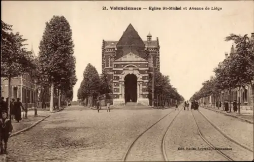 Ak Valenciennes Nord, Eglise St-Michel, Avenue de Liège,  Architektur, Straße mit Gleisen
