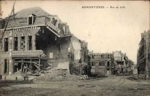 Ak Armentières Nord, Zerstörte Gebäude, Straße, Epicerie, Ruinen, Schwarz-Weiß-Foto