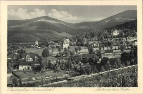 Ak Karpacz Krummhübel im Riesengebirge Schlesien, Partie an der Kirche