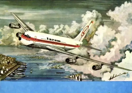 Künstler Ak Andrei, M., Tarom, Boeing 707, Flugzeug