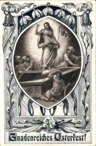 Passepartout Ak Glückwunsch Ostern, Jesus, Weidenkätzchen, Glocken
