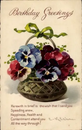 Künstler Ak Klein, C., Glückwunsch Geburtstag, Stiefmütterchen, Korb