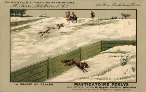 Ak Reklame, H. Ferre, Blottiere & Cie, Abessinierpulver und Zigaretten Exibard, Fuchsjagd