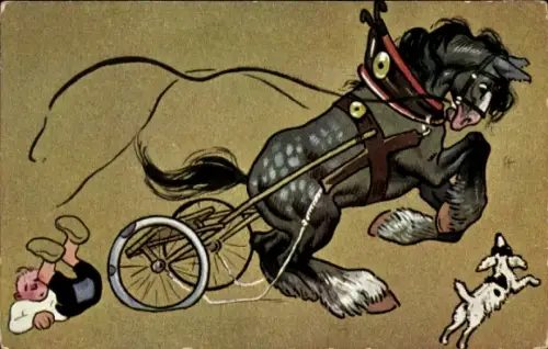 Ak Ungezügeltes Pferd, Mann auf dem Boden, Hund