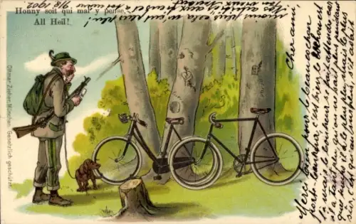Litho Jäger mit Dackel, Fahrräder, Wald, All Heil!