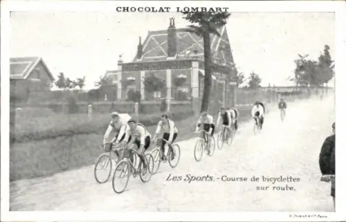 CPA Sport, Course de bicyclettes sur route, Reklame, Chocolat Lombart