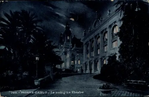 Ak Monte Carlo Monaco,  Theatergebäude, Nachtaufnahme, Palmen