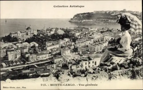 Ak Monte Carlo Monaco, Vue générale, Frau mit Sonnenschirm