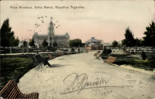 Ak Bahia Blanca Argentinien, Plaza Rivadavia,  Argentinien, Parklandschaft, Bänke, Menschen
