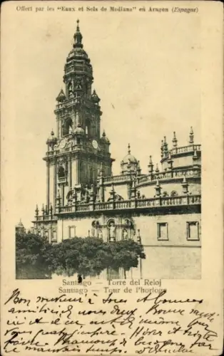 Ak Santiago de Compostela Galicien Spanien, Torre del Reloj, Santiago, Eaux et Sels de Mediana