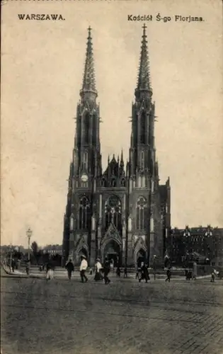 Ak Warszawa Warschau Polen, Zwei Türme, gotische Kirche, Menschen auf der Straße