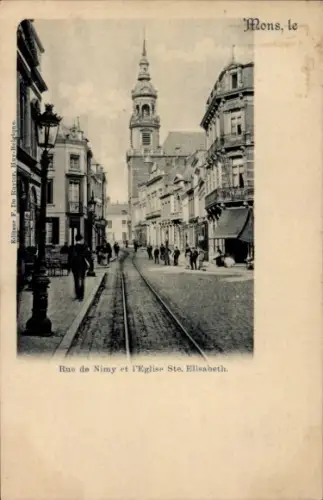 Ak Mons Wallonien Hennegau, Straße mit Gleisen, Kirche,  Gebäude, Menschen