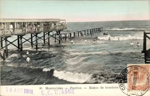 Ak Montevideo Uruguay, Pocitos, Männerbad, Wellen, Pier, Poststempel, 1908