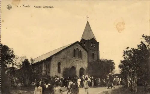 Ak Kindu DR Kongo Zaire, Kirche, Menschenmenge, Mission Catholique,  
