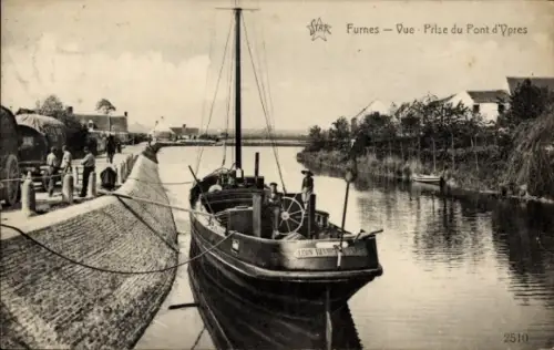 Ak Furnes Veurne Westflandern, Blick auf den Kanal, Boot, Ufer, Bäume, Häuser