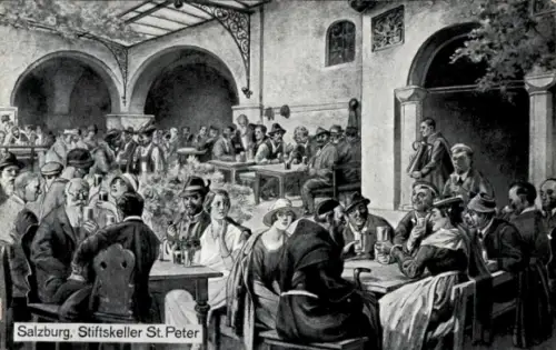 Ak Salzburg in Österreich, Stiftskeller St. Peter, Menschenmenge, Tische, Getränke, Unterhaltung