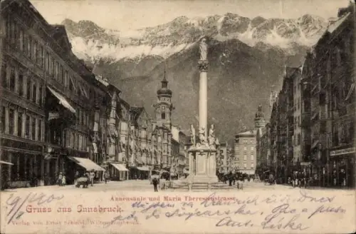 Ak Innsbruck Tirol, Patscherkofel, Annensäule, Maria Theresienstraße, Berge im Hintergrund,  aus 