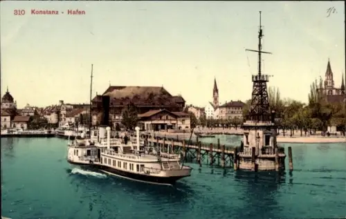 Ak Konstanz am Bodensee, Hafenansicht, Dampfschiff, Pier, Gebäude, Wasser