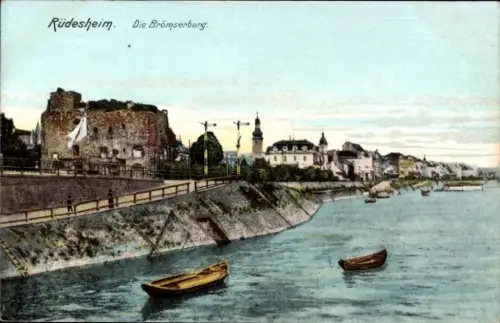 Ak Rüdesheim am Rhein,  Brömserburg, Fluss, Boote