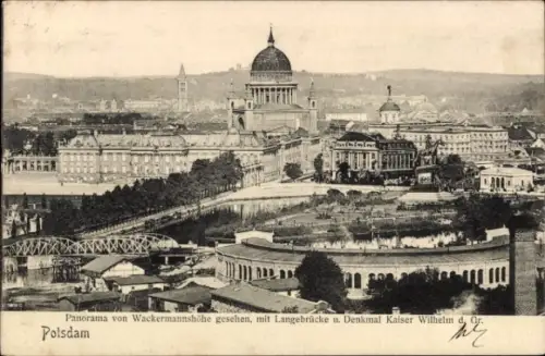 Ak Potsdam Sanssouci, Panorama von Wackermannshöhe, Langebrücke, Denkmal Kaiser Wilhelm