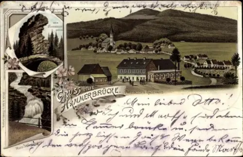 Litho Hammerbrücke im Vogtland, Weidlichs Gasthaus, Wasserfall