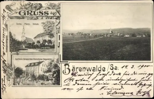Ak Bärenwalde im Erzgebirge Sachsen, Gesamtansicht, Kirche, Schule, Apotheke