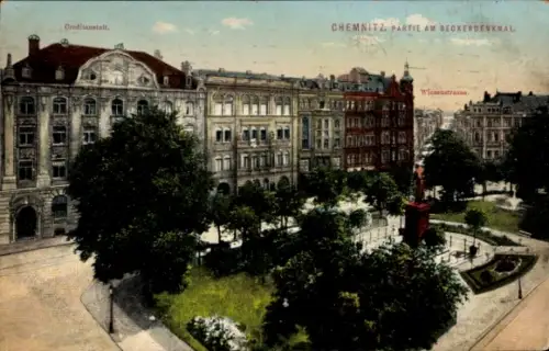 Ak Chemnitz in Sachsen, Stadtansicht mit belebtem Platz,  Gebäude, Becker-Denkmal